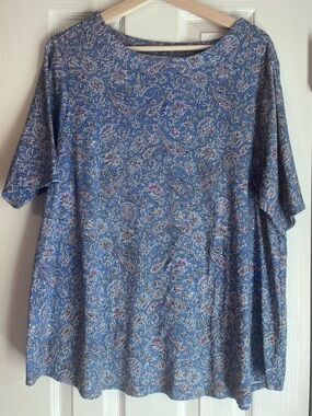 J.Jill Pima Slub Elbow Sleeve Tee Boatneck in Paisley Blue Floral